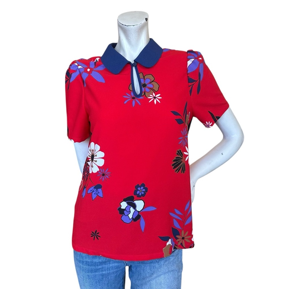 ModCloth Red & Navy Floral Short Sleeve Peter Pan Collar Retro Blouse Size Small